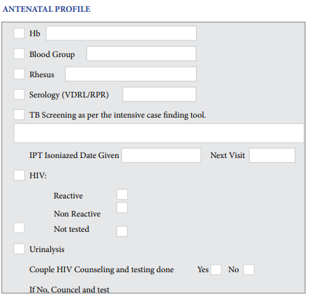 Antenatal profile Page from mother-child booklet