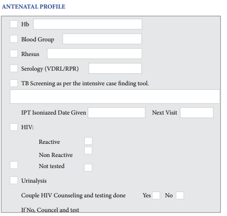 Antenatal  profile Page from mother-child booklet